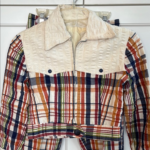 Vintage 1970’s custom sewn/ handmade plaid seersucker jacket & bell bottoms 2P - Picture 2 of 12